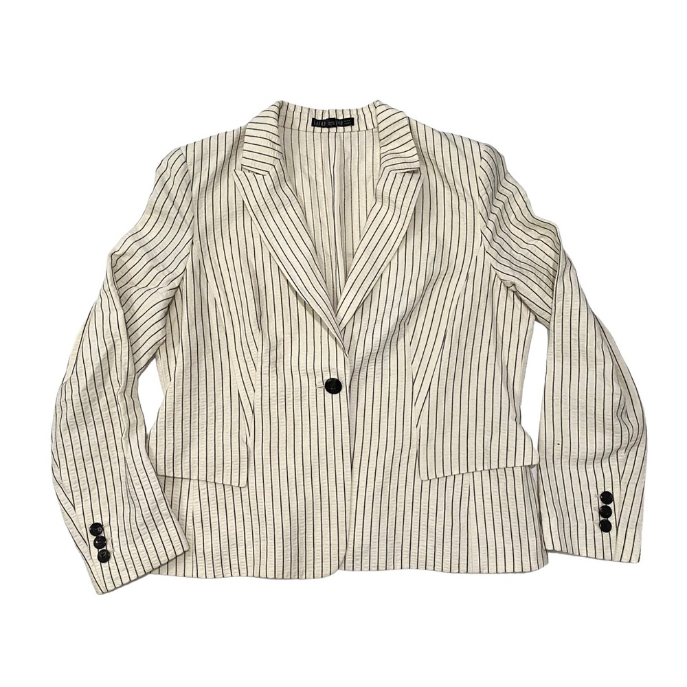 Lafayette 148 New York Off White Navy Pinstripe Cotton Blazer single one button